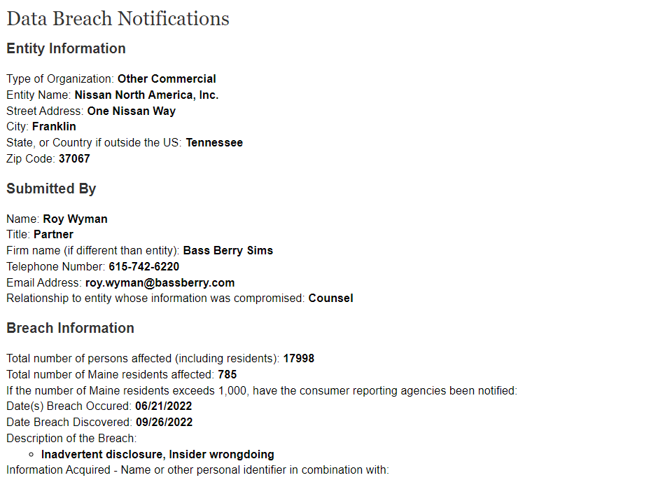 Nissan Data Breach Notification