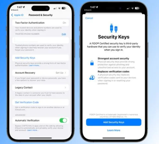 Hardware Security Keys settings on Apple iOS 16.3